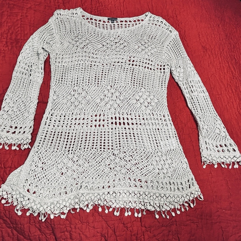 Hannah Open Knit Long Sleeve Fringe Sweater Tan Women's Small Beach Swim Cover